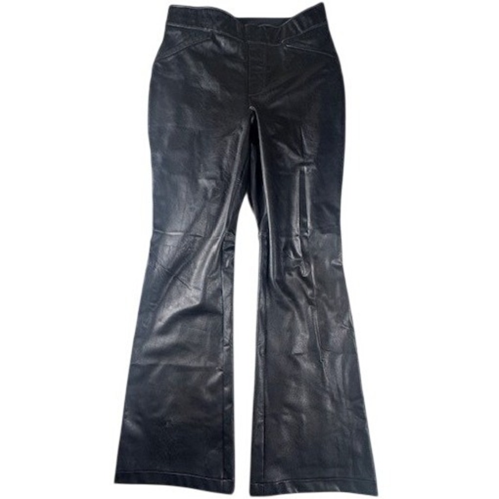 Spanx Pants Womens Medium Petite Black Faux Leather Flare High Rise Pull On